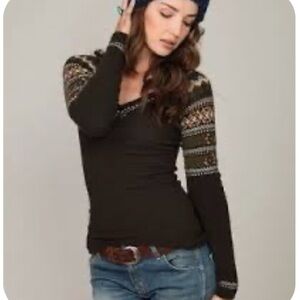 Free People We The Free V-Neck Henley Long Sleeves Shirt L Brown Boho